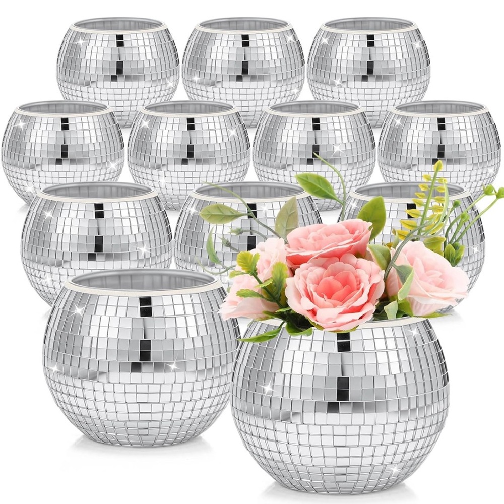 ⭐️Silver Mosaic Glass Vases/12 Pcs Disco Vase Ball Planter Candle Holder 3" X 4"
